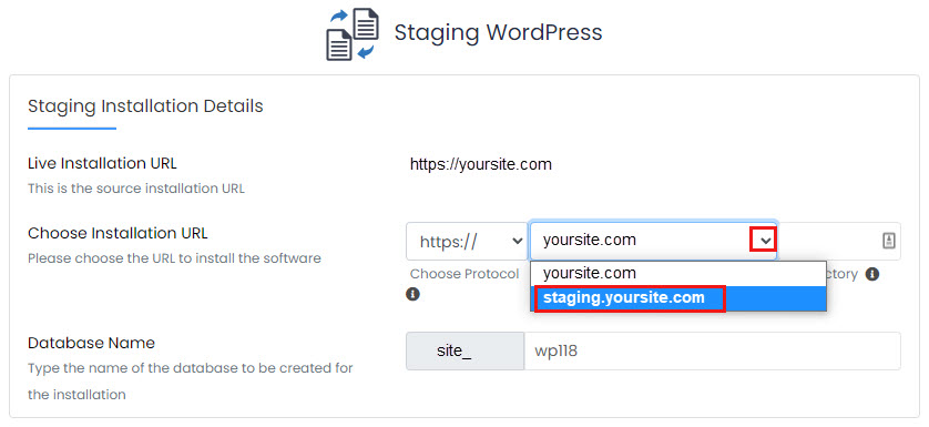 Select staging subdomain in cPanel