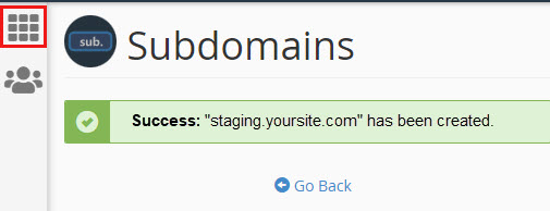 success added staging subdomain return to cPanel